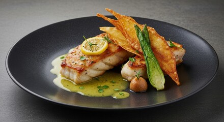 Seared Fish Fillet with Crispy Wonton and Lemon Garnish on Dark Plate