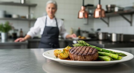 Grilled Steak Served with Potatoes and Asparagus in Restaurant