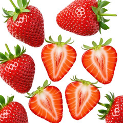 Multiple fresh, ripe, deep red strawberries, some whole with green calyxes, some cut in half revealing juicy pulp and yellow achenes, on a pristine transparent background, bright studio lighting,