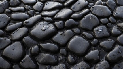 Black Stones: An artful assembly of black river rocks, with dewdrops glistening on their smooth surfaces, creates a captivating textural pattern.