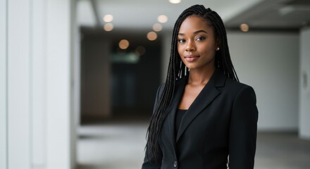 Professional Woman Posing in Black Suit with Braids