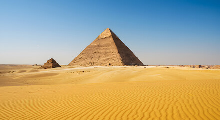 Pyramids in the Desert: The iconic pyramids of Giza rise majestically from the undulating golden sands of the desert. a testament to ancient civilization's enduring architectural achievements.  