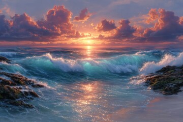 Serene Ocean Sunset with Rolling Waves and Dramatic Clouds Over Rocky Shoreline