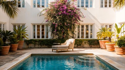 Luxury Courtyard With Pool and Loungers Surrounded by Elegant White Buildings, Plants And Flowers
