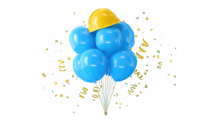 Joyful blue balloons and a yellow hat, created with AI, PNG