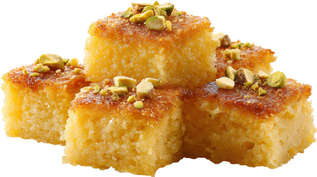 Middle Eastern semolina sweets, basbousa, namoora, and hareesa, isolated on a white background