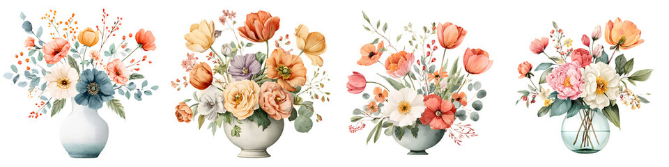 Obraz premium Watercolor Flower Arrangements: Diverse Floral Bouquets in Vases - Isolated on White