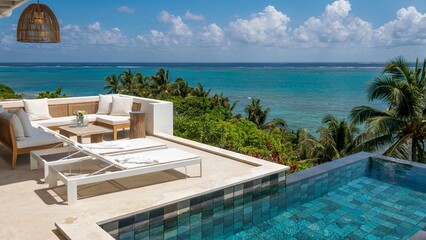 Obraz premium Luxurious Tropical Resort Poolside Cabana Overwater Villas with Palm Trees at Sunny Beachfront