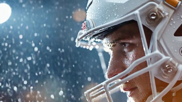 Determined american football player in action during rainy night game