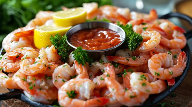 Close up of cooked shrimp with lemon wedges and cocktail sauce on a dark serving platter