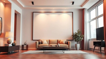 Modern Living Room Interior Design with Comfortable Sofa and Large Blank Canvas Display