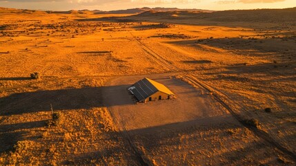 Solar panel farm at golden hour geometric shadows on arid landscape