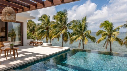 Fototapeta premium Luxurious Tropical Resort Poolside Cabana Overwater Villas with Palm Trees at Sunny Beachfront