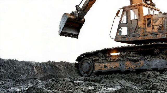 A heavy machinery piece, excavator or dozer, sits atop a mound of soil and debris, indicating construction or demolition work