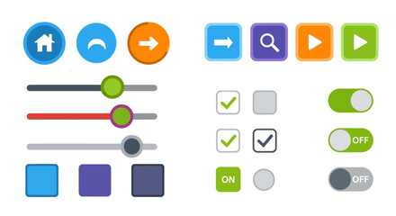 Modern flat design UI kit elements set. Collection of buttons, sliders, checkboxes, and toggle switches for web and mobile app interface design.