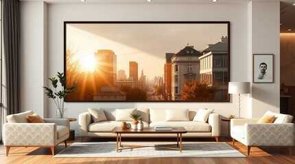 Serene Living Room Scene Featuring Cityscape Artwork Bathed in Golden Hour Sunlight
