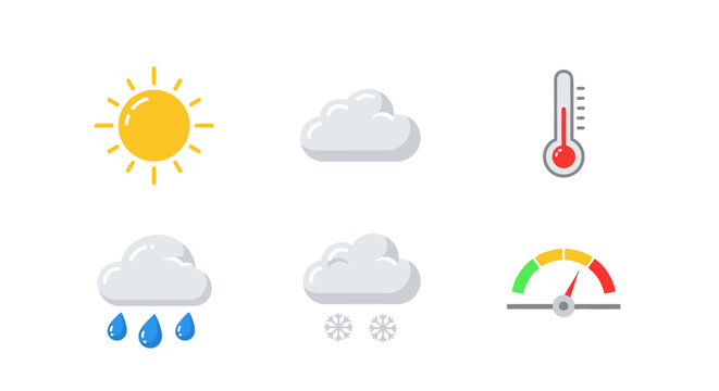 Weather icons sun, clouds, rain, snow, and thermometer symbolizing different weather conditions