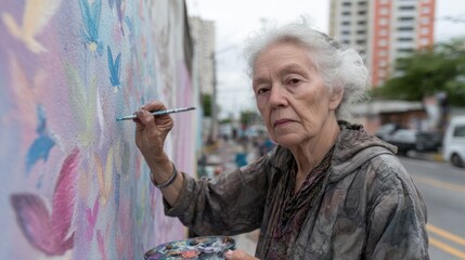 Elderly caucasian female artist painting colorful street mural in urban setting. International Literacy Day