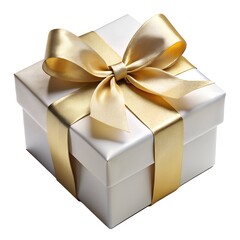 Fototapeta premium A white gift box with a golden satin ribbon and bow, isolated on a white background, symbolizing celebration and luxury