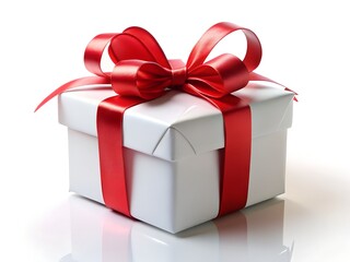 Obraz premium A pristine white gift box with a vibrant red ribbon and bow, elegantly wrapped and isolated on a white background, perfect for any festive occasion