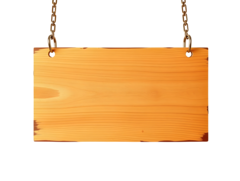 Wooden sign hanging on chains with transparent background