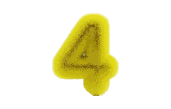 Bright yellow fuzzy number four decoration isolated on transparent background