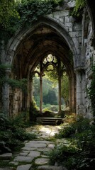 Fototapeta premium Ruined abbey archway, sunlight through stained glass