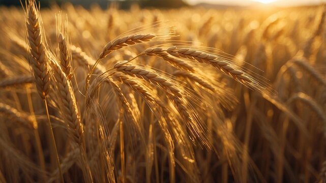 Golden Wheat Field under Sunshine: Sunlight bathes a field of golden wheat, with detailed textures in the foreground. The image captures the harvest time's essence, evoking feelings of warmth.
