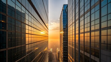 Modern glass skyscrapers reflecting golden sunrise over city skyline