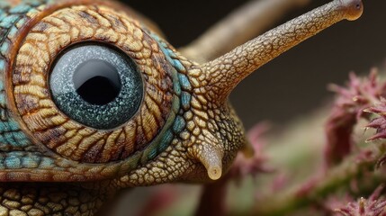 Obraz premium Close-up of a colorful snail's head. Large eye, intricate shell details
