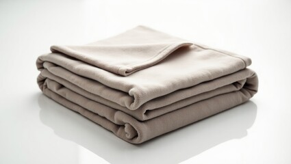 Folded taupe fleece blanket on a white background.