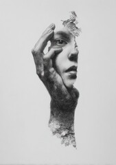 Fototapeta premium Charcoal double exposure portrait of a face partially obscured by a hand