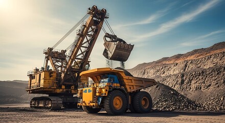 Massive mining excavator loads a large haul truck in an open pit mine
