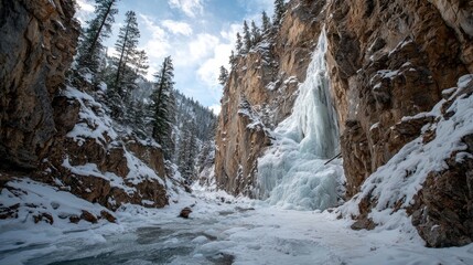 Frozen waterfall cascading down a snowy canyon