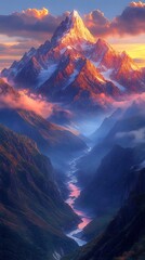 Fototapeta premium Sunset mountain river valley peaks wallpaper