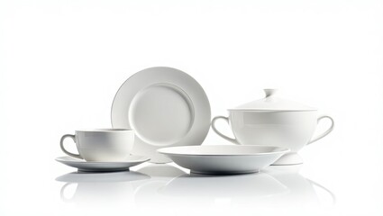 White ceramic tableware set displayed against a white background.
