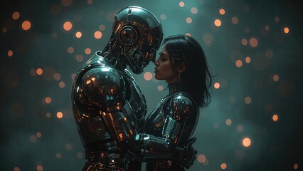 Romantic moment between robot and woman in futuristic setting with warm bokeh lights and metallic outfits