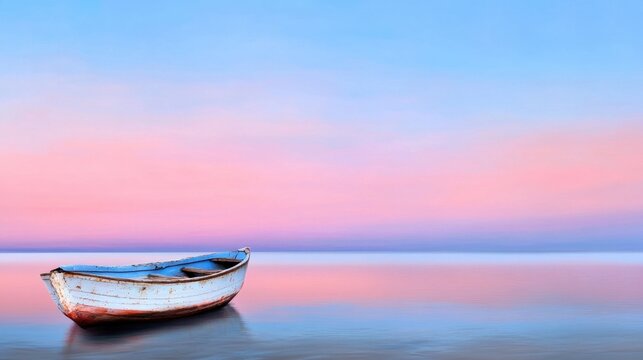 Abandoned boat on quiet beach, peeling paint and rustic charm lit by fading sun, peaceful horizon
