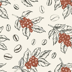 Vintage coffee plant pattern with leaves, flowers, and coffee cherries in two-color hand-drawn style