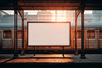 Blank Billboard Display at Rustic Train Station Platform Sunset. Mock up promotion information for marketing announcements and details, blank white space.