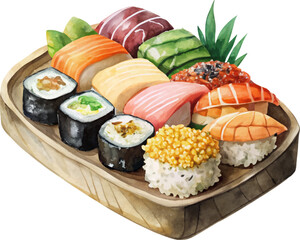 Sushi Watercolor Illustration – Vector Hand Painted Japanese Food with Rolls, Wasabi, and Ginger for Menu Design