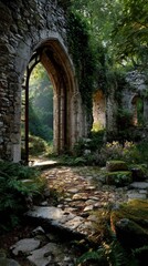 Obraz premium Ruined stone archway, lush overgrown path