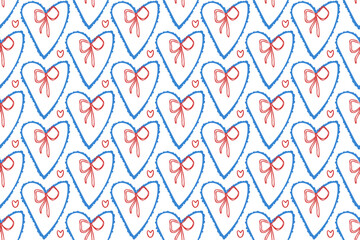 Seamless pattern of a charming bows, blue and red hearts on a white background. Perfect for gift wrapping, greeting cards, and decorations for special occasions.