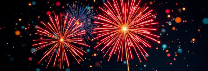 Fototapeta premium fireworks lights on a black background. Christmas and New Year greeting card. 3d illustration