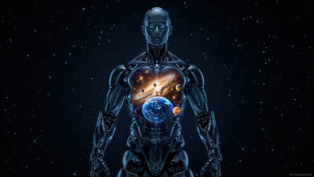 Futuristic robot with universe inside chest surrounded by stars in deep space, symbolizing artificial intelligence and human connection to the cosmos