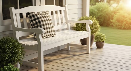 White wooden bench with checkered pillow on a porch overlooking a lush green lawn, bathed in warm sunlight, creating a serene and inviting outdoor living space for relaxation and enjoyment