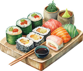 Japanese Sushi Set Watercolor Vector Illustration Hand Painted Sashimi  Maki Nigiri Chopsticks Soy Sauce