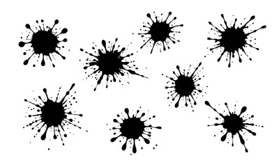 Set of blots, ink splashes. Abstract blot, liquid paint, blotter stains, drip splash, spray. Black drops of paint, oil, ink. Vector liquid silhouettes