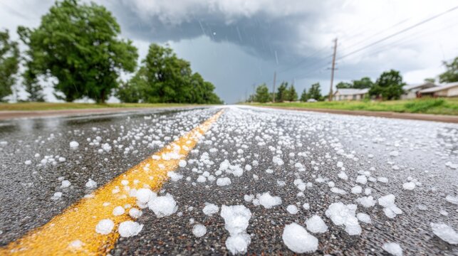 Hailstones covering a wet road during a hailstorm, dark storm clouds loom in the background.