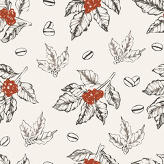Fototapeta premium Vintage coffee plant pattern with leaves, flowers, and coffee cherries in two-color hand-drawn style